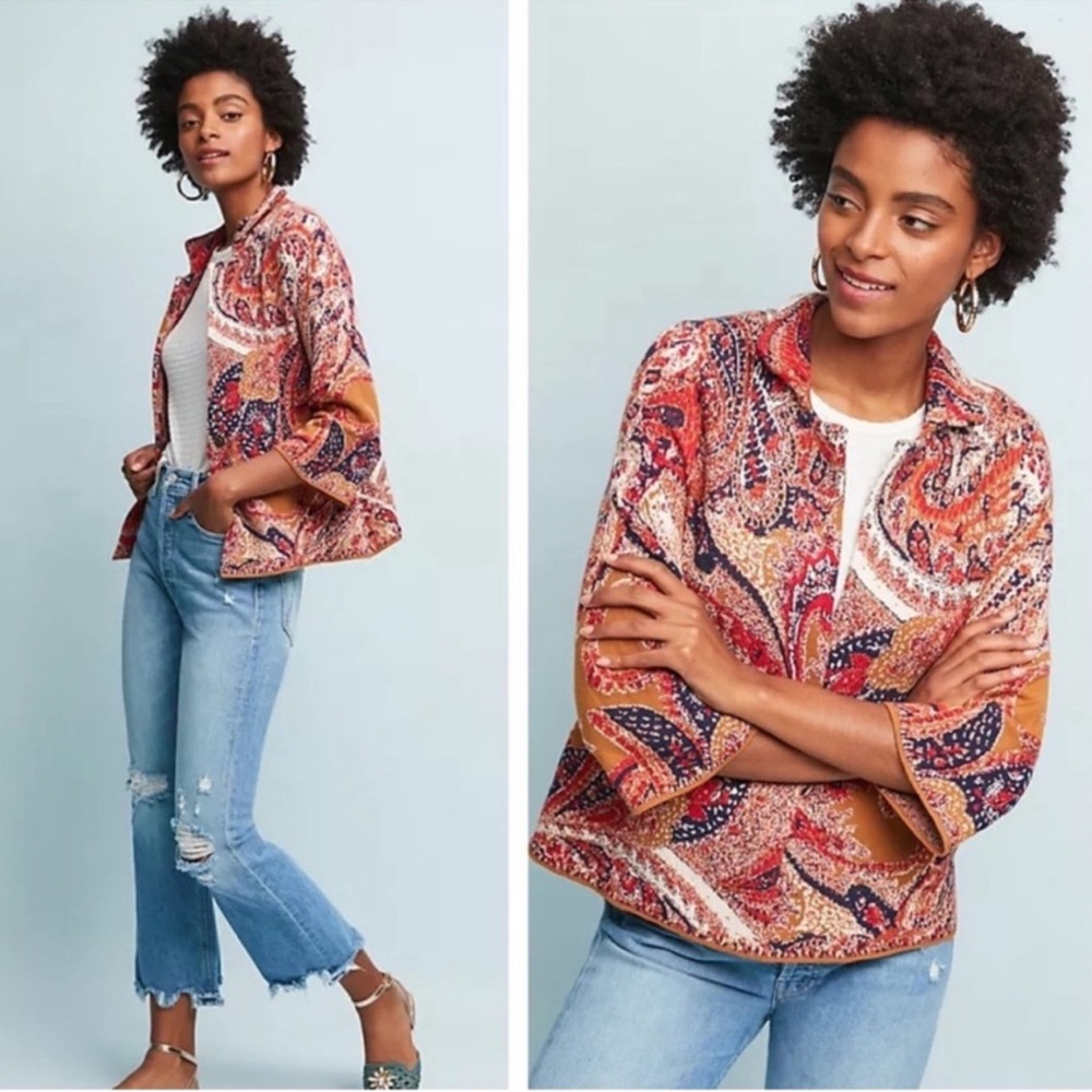 Anthropologie Moth Intarsia Sweater Blazer Womens Medium Paisley Boho Colorful
